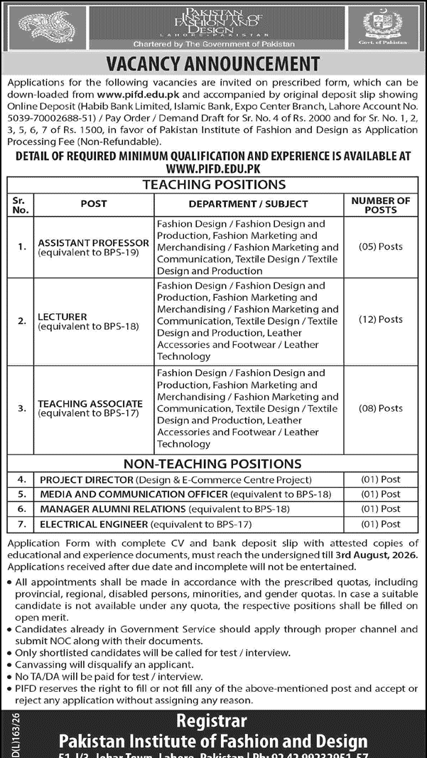 Pakistan Institute of Fashion Design Lahore Jobs 2026
